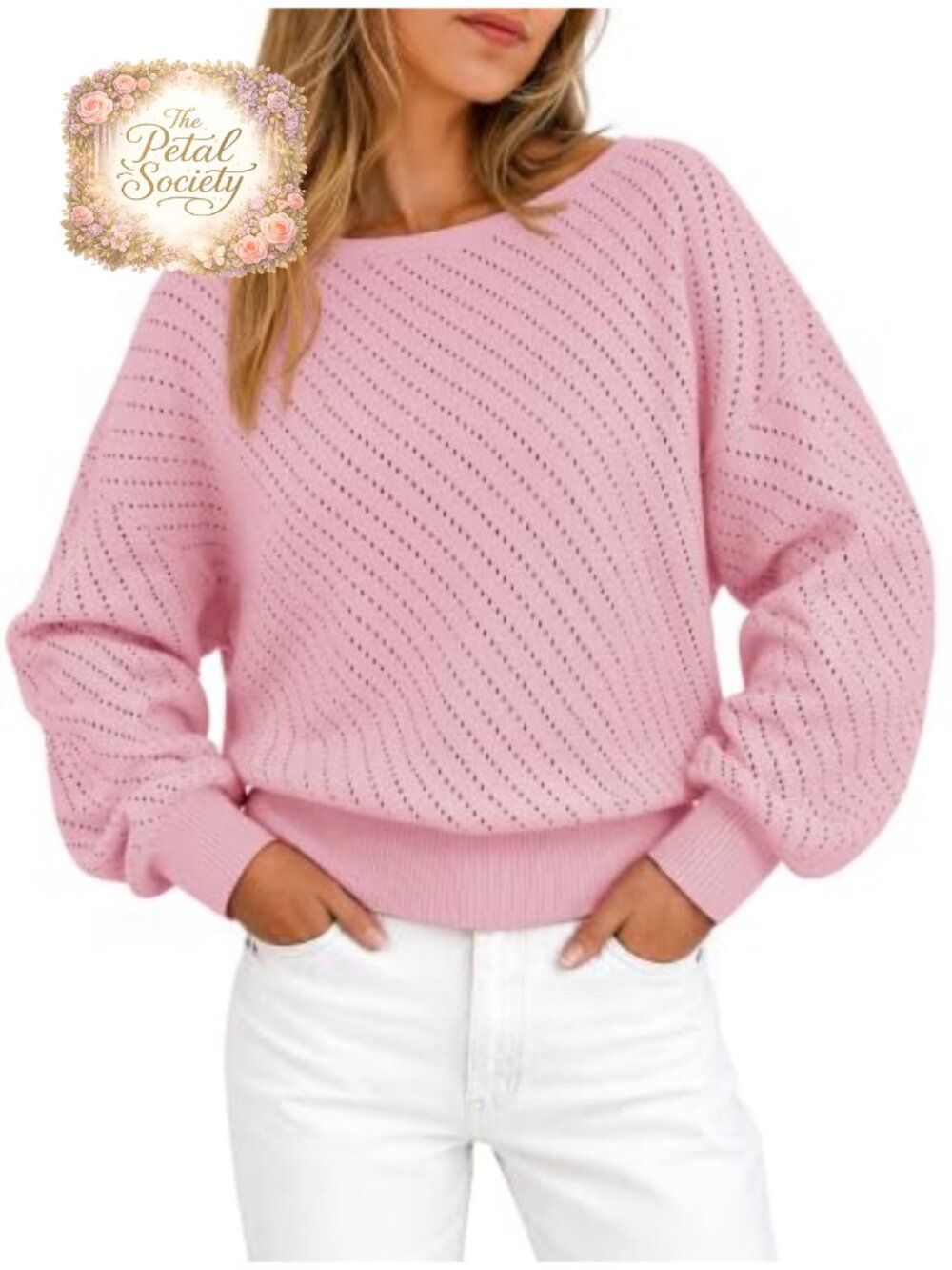 Womens Long Sleeve Boat Neck Pointelle Knit Sweater Pullover Casual